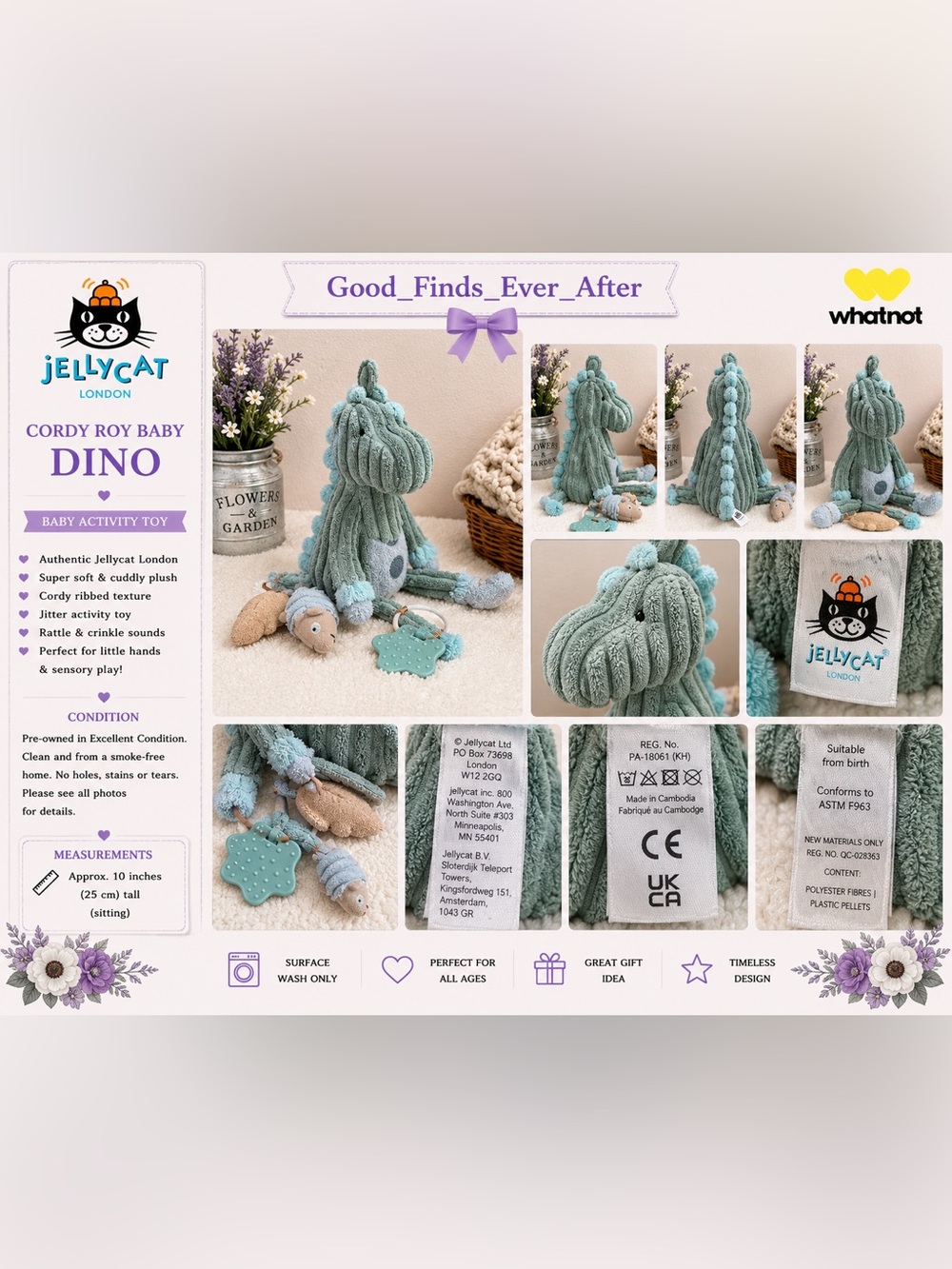Jellycat London Cordy Roy Baby Dino Jitter Soft Toy Plush Baby Activity Teether